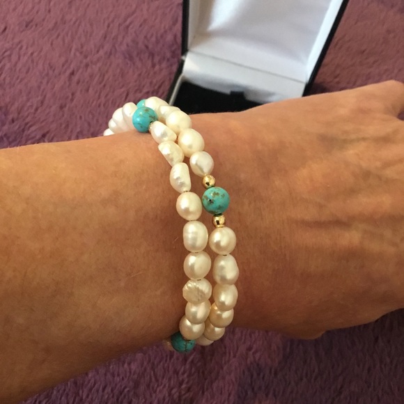 Beautiful Pearl Turquoise & 14K Gold Wrap Bracelet ,Large - Picture 7 of 8